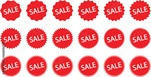 Set of red starburst sale tags, sale stickers, red price label, discount sticker pack, discount label bundle, promo badge collection. Price sticker icons, vintage sunburst circle labels	