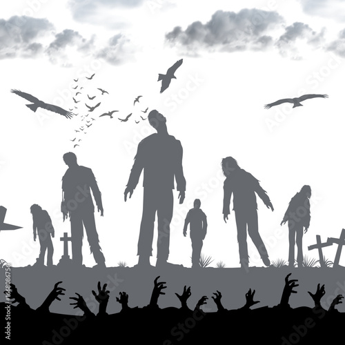 Dark apocalypse scenery where bloodthirsty zombies attack and starving crows feed on lifeless human bodies
