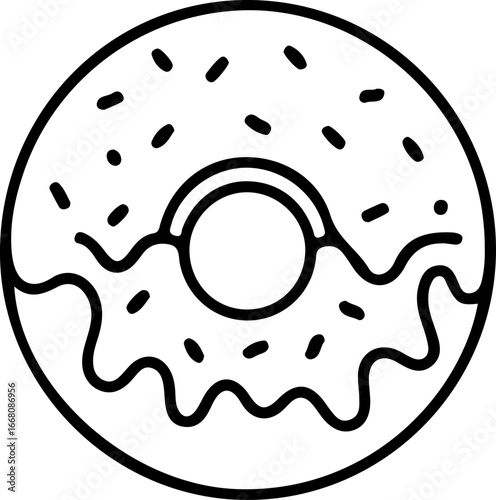 A black and white outline illustration of a donut with frosting and sprinkles on a white background