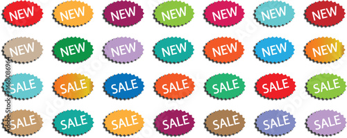 Price tag and discount label set, glossy red promo sticker icons. Sunburst starburst deal tags, new arrival vector badges, round sale symbols, flat style offer labels.