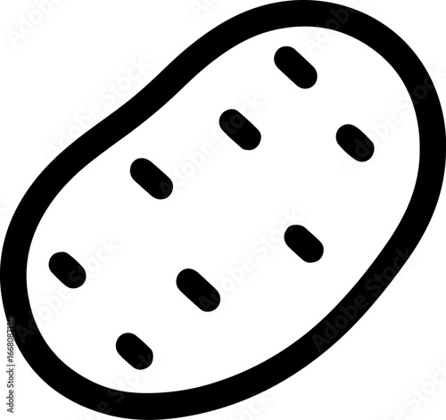 A simple black and white line drawing of a potato with small markings on a white background image