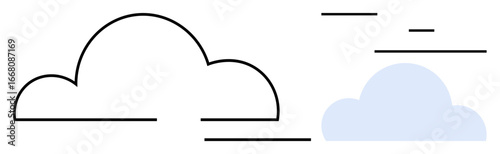 A bold cloud outline paired with a solid light blue cloud, complemented by horizontal lines. Ideal for weather, simplicity, technology, connectivity, storage, communication, and a simple landing page