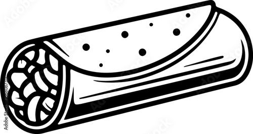 A black and white graphic illustration of a burrito with visible fillings and tortilla dots design