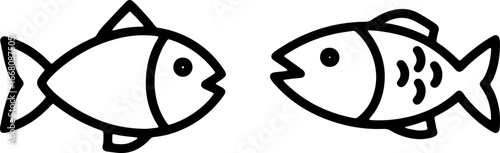 Two stylized fish facing each other with distinct fin and body markings in a black outline drawing