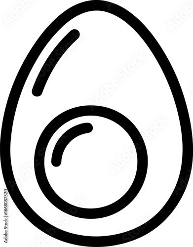 A simple black and white line art icon of a hard-boiled egg cut in half, showing the yolk inside.