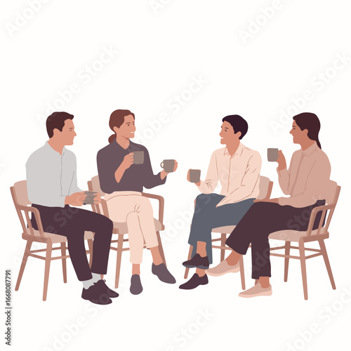 Group of four people sitting in chairs holding mugs and talking in a circle on white background scene
