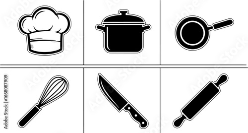 A collection of six kitchen utensils including a chef hat pot pan whisk knife and rolling pin icons