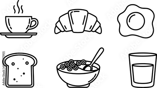 Outline breakfast icons featuring coffee croissant fried egg toast cereal and glass in a vector format
