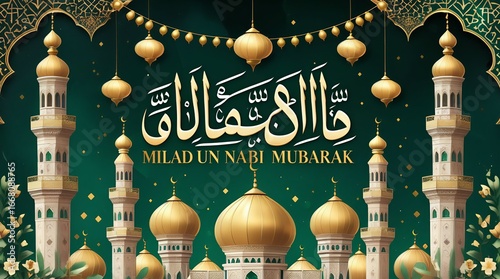 Milad un Nabi Mubarak: Elegant Islamic illustration with golden mosque design