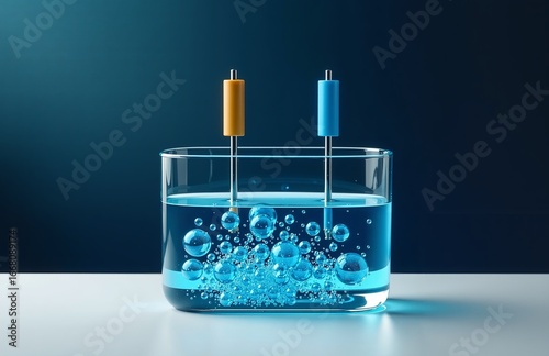 Electrolysis cell with electrodes producing gas bubbles - concept for hydrogen production, water splitting and electrochemical clean-energy research.
