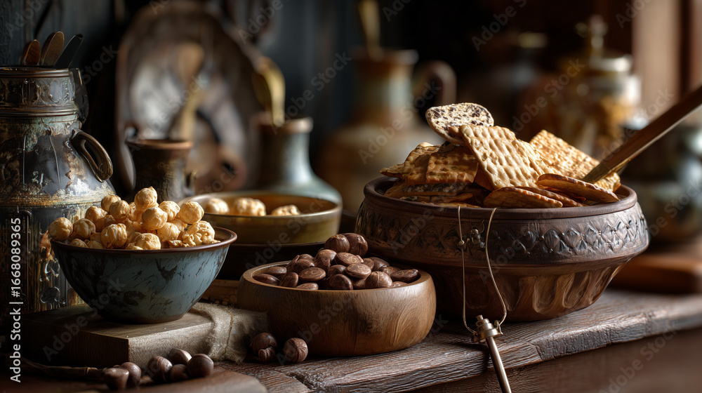 Fototapeta premium Vintage kitchenware holding handcrafted snacks, bathed in warm nostalgic light.