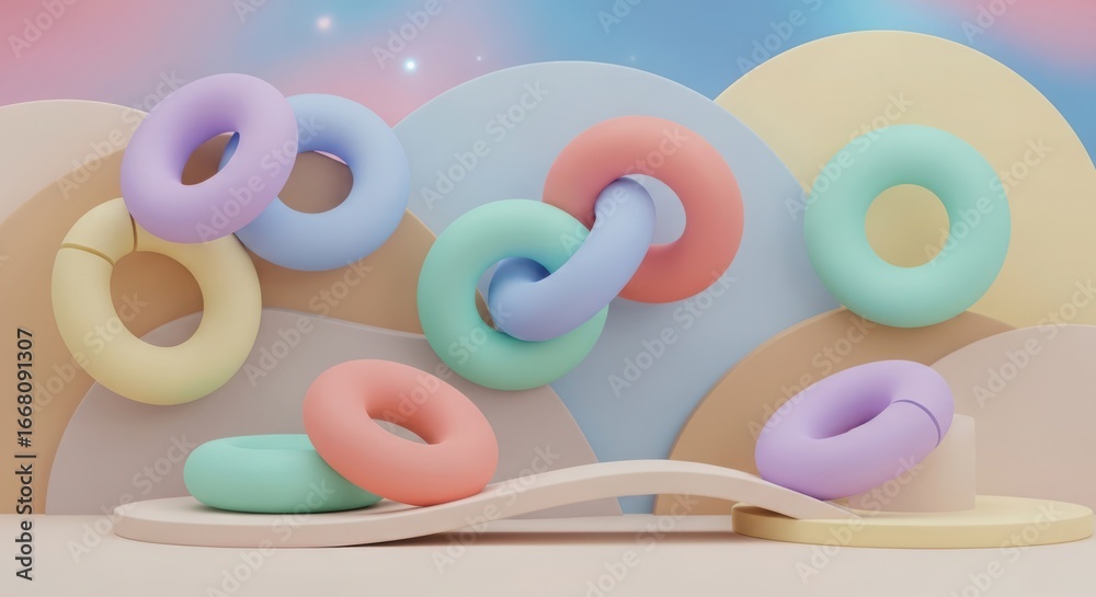 Fototapeta premium 3d illustration of playful arrangement of colorful donut shapes and abstract forms on a pastel background, evoking childhood joy