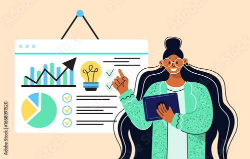 Illustration of a girl giving a lecture on a light pink background.