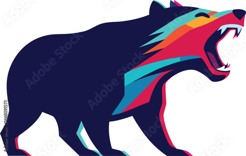 Stylized roaring bear with geometric colorful accents