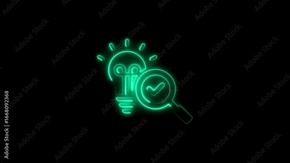 Obraz premium Glowing neon light bulb and magnifying glass with check mark on black background