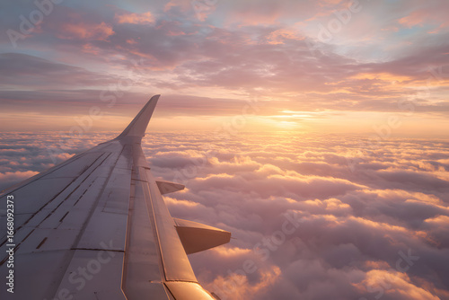Scenic sunrise view from airplane wing soft pastel sky blending into bright cloud blanket travel concept