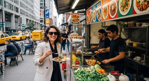 Woman enjoying street food by urban vendor on city sidewalk with skyline backdrop
