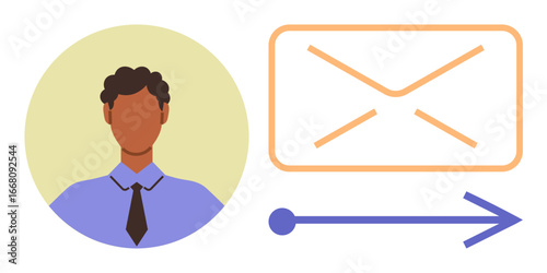 Person with formal attire next to email icon and arrow symbolizing sending messages digitally. Ideal for communication, email, technology, messaging, business, connectivity, and digital media