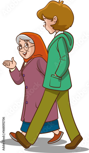 Old woman and young granddaughter walking on the street, vector illustration. Cute grandmother spending time with her granddaughter outdoors. Mother and daughter walking. Elderly people and young adul