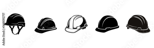 A set of four different styles of safety helmets presented in a solid black silhouette, suitable for various design and safety-themed projects.