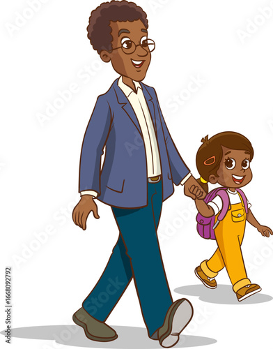 Vector illustration of a father and daughter walking on a white background. Father and daughter going to school. Father and daughter returning home. Family concept
