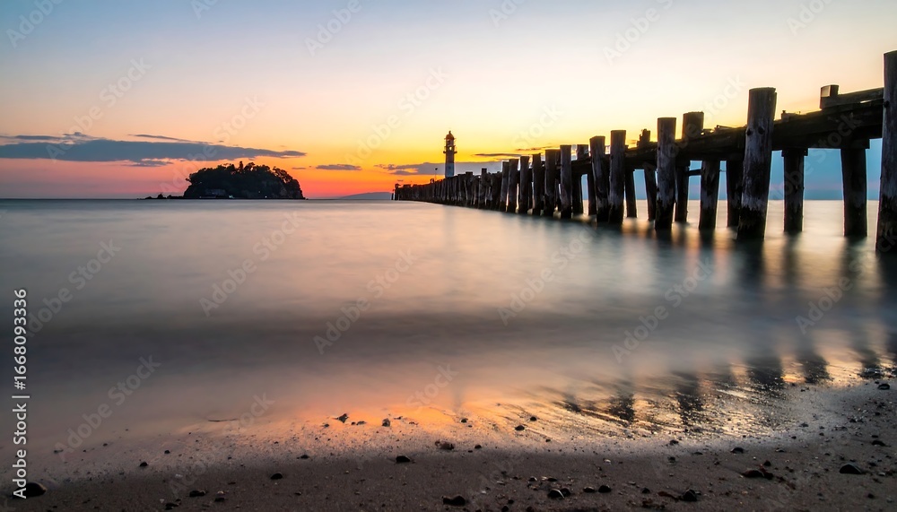 Fototapeta premium Sunset over a tranquil beach and pier
