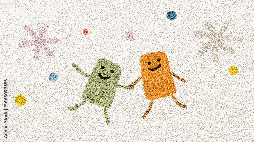 Fototapeta premium Generative AI, Cute snowflakes holding hands dancing illustration