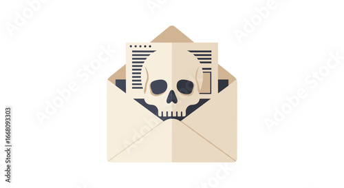 An ominous communication containing a skull symbol emerges from an open envelope, representing a severe warning or potential cyber threat.