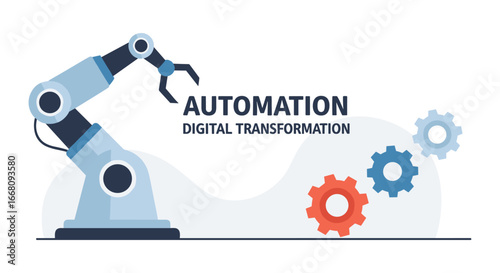 A robotic arm and gears depict digital transformation and automation, representing technological advancement, efficiency, and the future of modern industry.