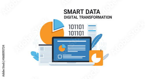 A contemporary illustration depicting the integration of smart data analytics and technology, essential for achieving comprehensive digital transformation in business.