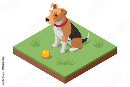 Isometric illustration of a sitting dog with a ball on the grass. Domestic pet training, obedience, loyalty and playful lifestyle concept.