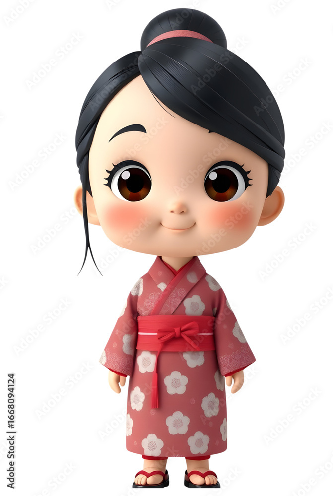 Cute 3D Cartoon Girl in Minimalist Japanese Kimono, Smiling Big Eyes On transparent background Cute 3D Cartoon Girl in Minimalist Japanese Kimono, Smiling Big Eyes On transparent background