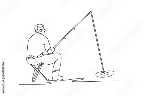 Continuous one line drawing man seated on chair by water, fishing with rod in this tranquil. Patience, quiet contemplation, and relaxing outdoor activity. Single line draw design vector illustration