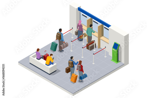 Isometric illustration of migrants receiving work permit approval or denial at border control. Immigration, visa validation, relocation and travel process concept