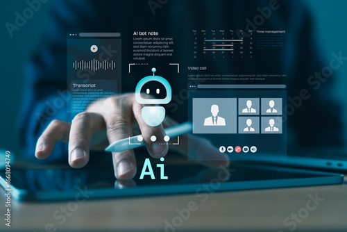 AI assistant interface with video conferencing, note transcription, and calendar tools for productivity, digital meetings, and smart office collaboration