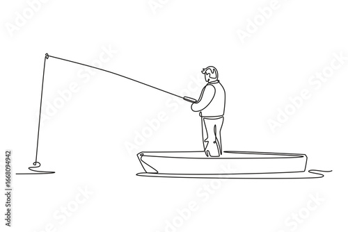 Single continuous line drawing man stands in a small boat fishing with rod and reel. Symbolizing adventure, patience, and peaceful thrill of outdoors. One line draw graphic design vector illustration