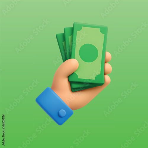 3D illustration of a hand holding several cash bills