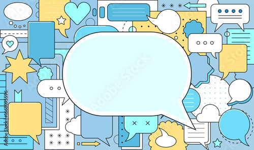 Geometric background with speech bubbles with smiling faces. Abstract banner with different shapes text boxes, dialog clouds, vector flat illustration