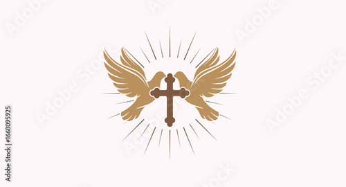 Two Golden Doves with Outstretched Wings Flanking a Brown Wooden Cross.