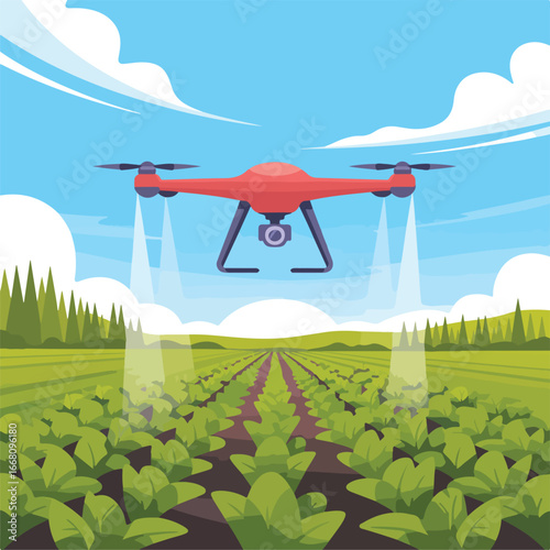 Aerial drone spraying pesticide over a field of crops with trees and a blue sky with clouds above it