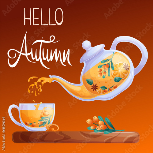 Square autumn postcard with a cup and a kettle of sea buckthorn tea. Tea is poured from the kettle. Hello, autumn. Vector illustration for seasonal design of postcards, banners, posters and promotions