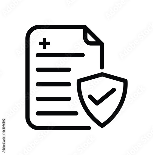 Medical insurance document icon with shield check mark symbol, simple healthcare protection outline vector illustration for hospital, clinic, health policy, and medical safety design projects