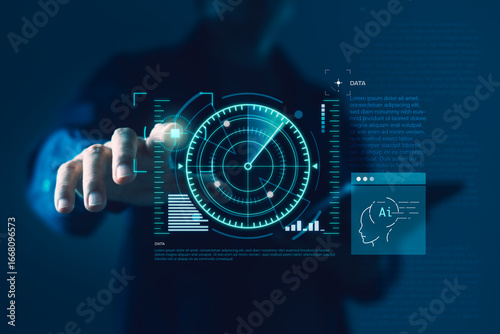 Futuristic radar AI interface with data visualization and human-computer interaction for cybersecurity, smart tracking, and advanced tech operations
