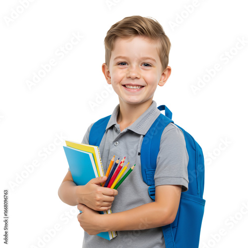 This high-resolution image captures a cheerful young boy with short light brown hair, wearing a gray polo shirt and a blue backpack, standing confidently against a clean white background. He holds a s