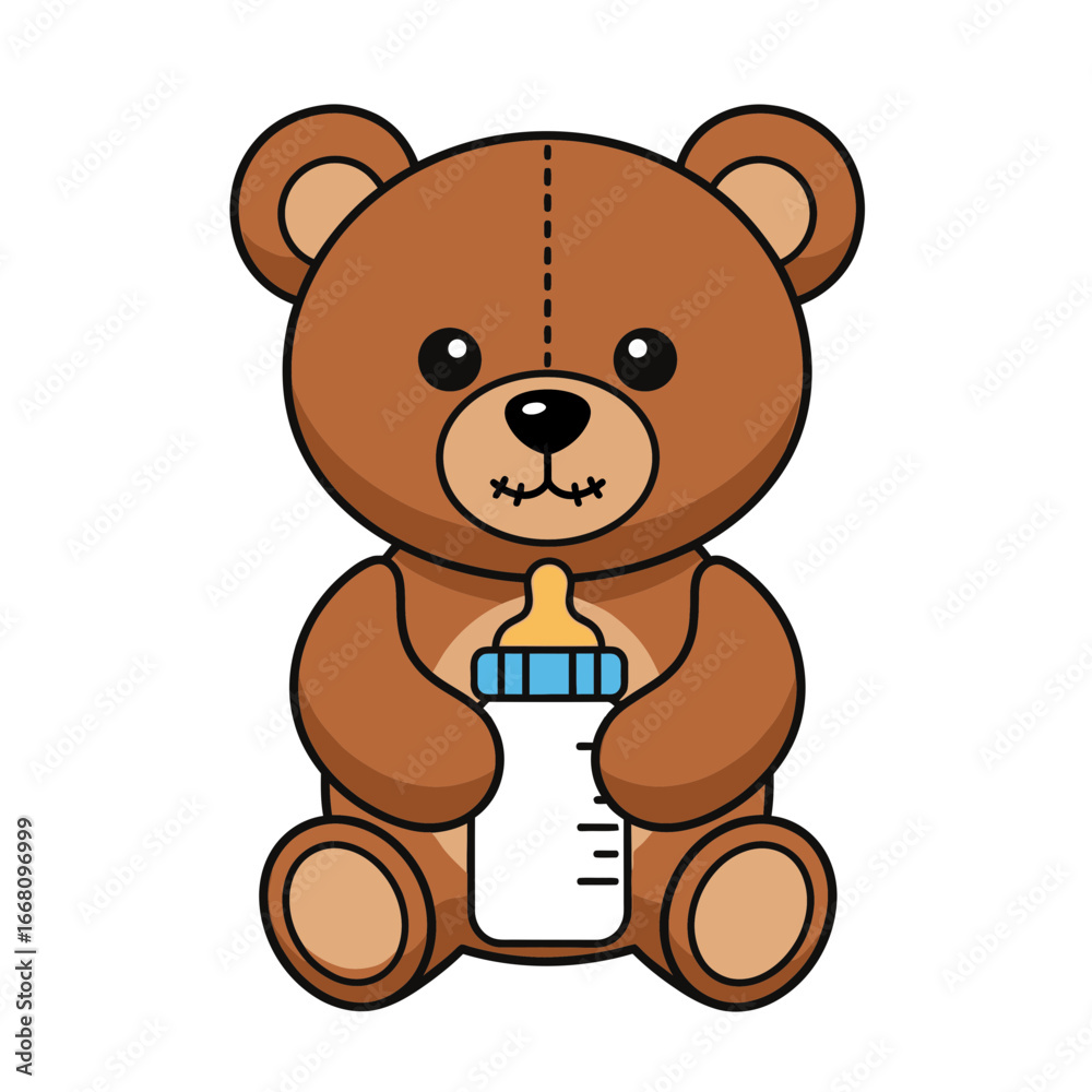 Obraz premium Adorable Cartoon Teddy Bear Holding a Baby Bottle Ready to Feed