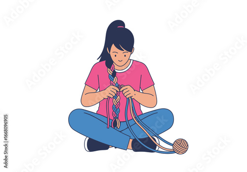Focused Girl Braiding Colorful Yarn with Joyful Expression