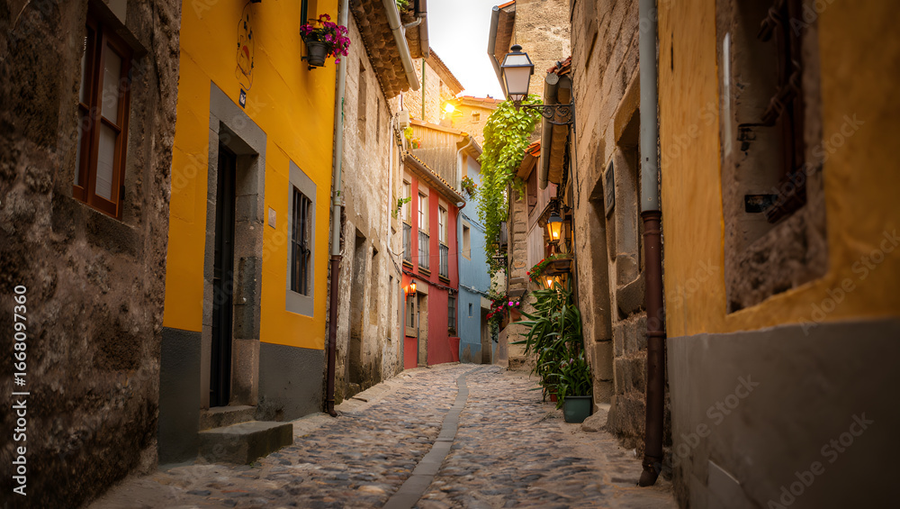 Fototapeta Charming Cobblestone Alleyway: Colorful European Village Street at Sunset, Warm Golden Hour Light