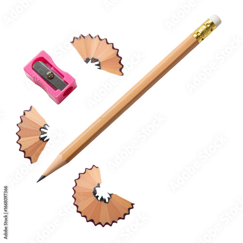 This high-resolution image captures a classic wooden pencil with a perfectly sharpened graphite tip, positioned diagonally across a clean white background. Accompanying it are two delicate spiral shav