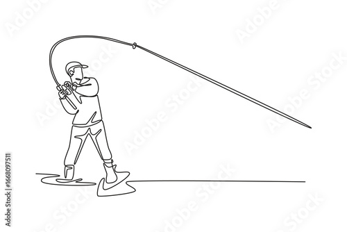 Continuous one line drawing male fisherman casting fishing rod, representing poised concentration and smooth technique required for perfect throw. Single line draw design vector graphic illustration