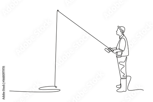 Continuous one line drawing man standing on shore, patiently fishing with rod in this tranquil. Patience, quiet contemplation, relaxing outdoor activity. Single line design vector graphic illustration